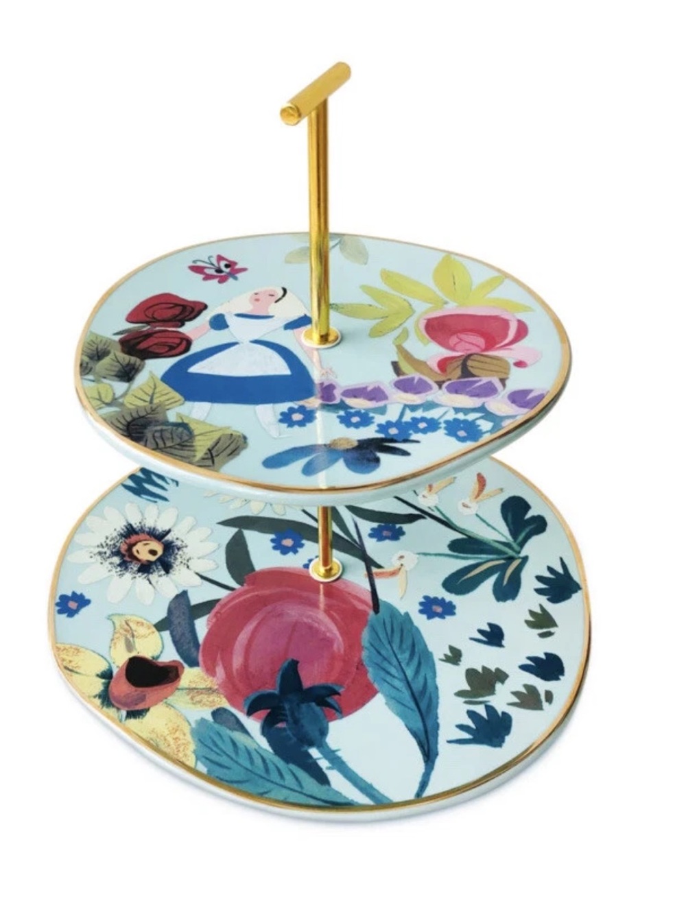 DISNEY Alice in Wonderland Two-Tier Floral Dessert Stand with Gold Handle New